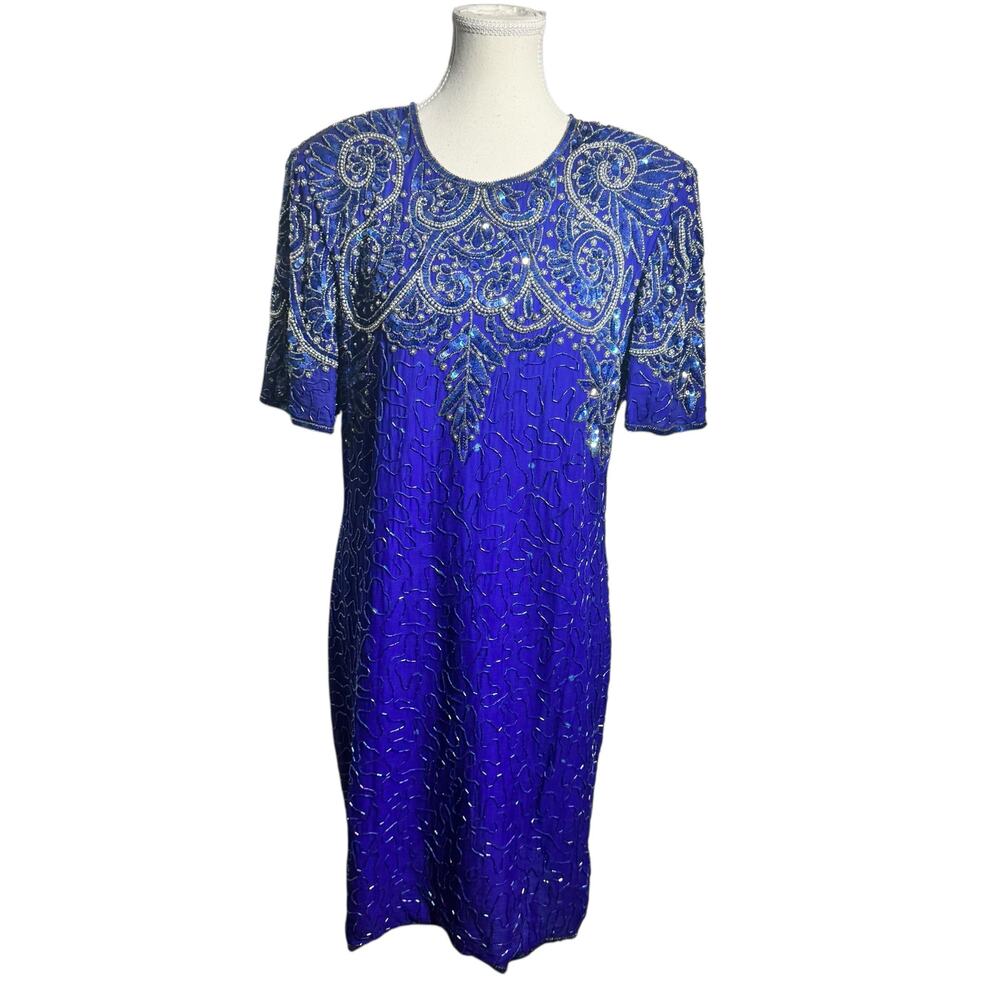 Stenay Vintage 80s Dress Women 16 Royal Blue Sequin Knee Length Cocktail Party